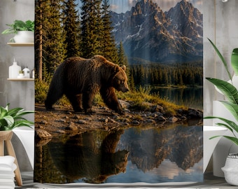 Zasłona prysznicowa z motywem jeziora Bear Mountain, rustykalny wystrój łazienki w domku, zasłona do łazienki Wilderness Forest, łazienka z krajobrazem niedźwiedzia grizzly