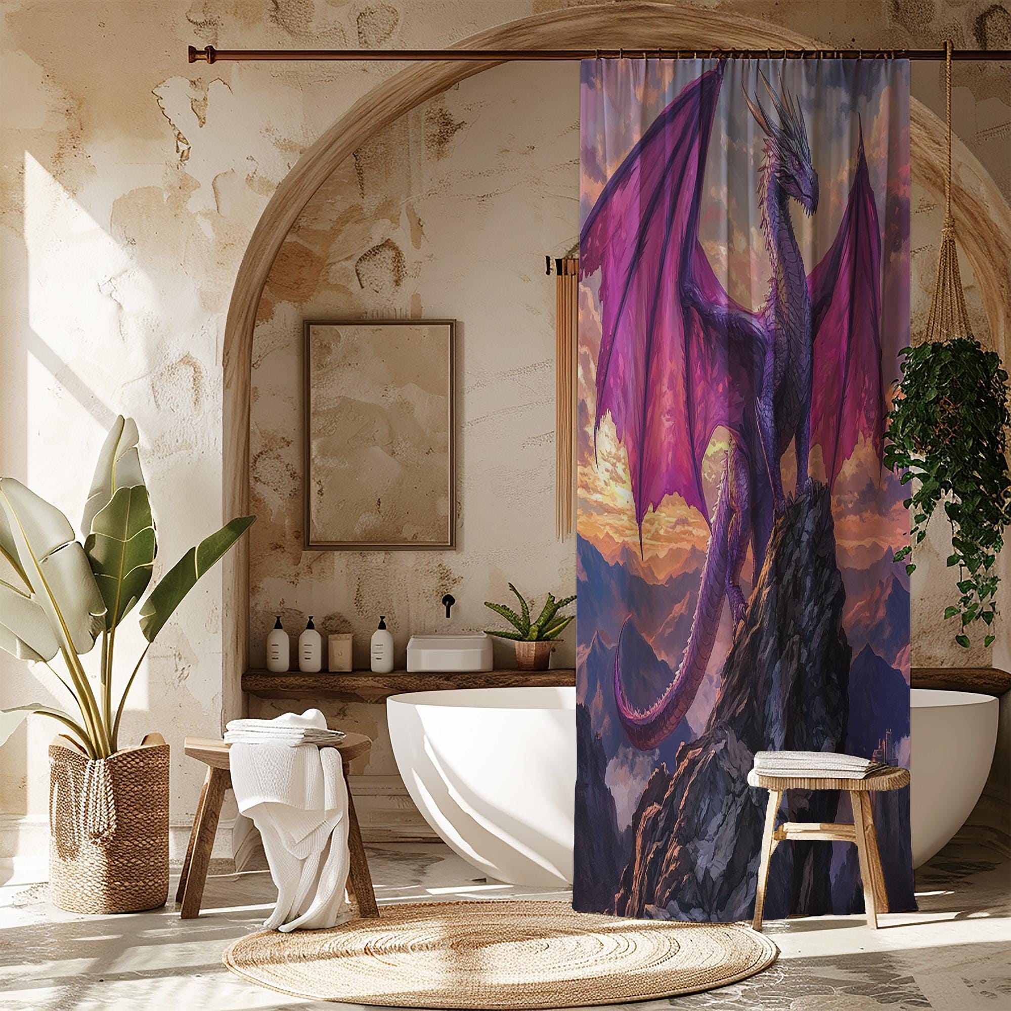 Mittelalter-Drachen Duschvorhang-Set, 4-teilig – Inkl. Vorhang, Badematte, Toilettendeckel & U-Matte, Wasserabweisend & Waschbar, Fantasy-Design