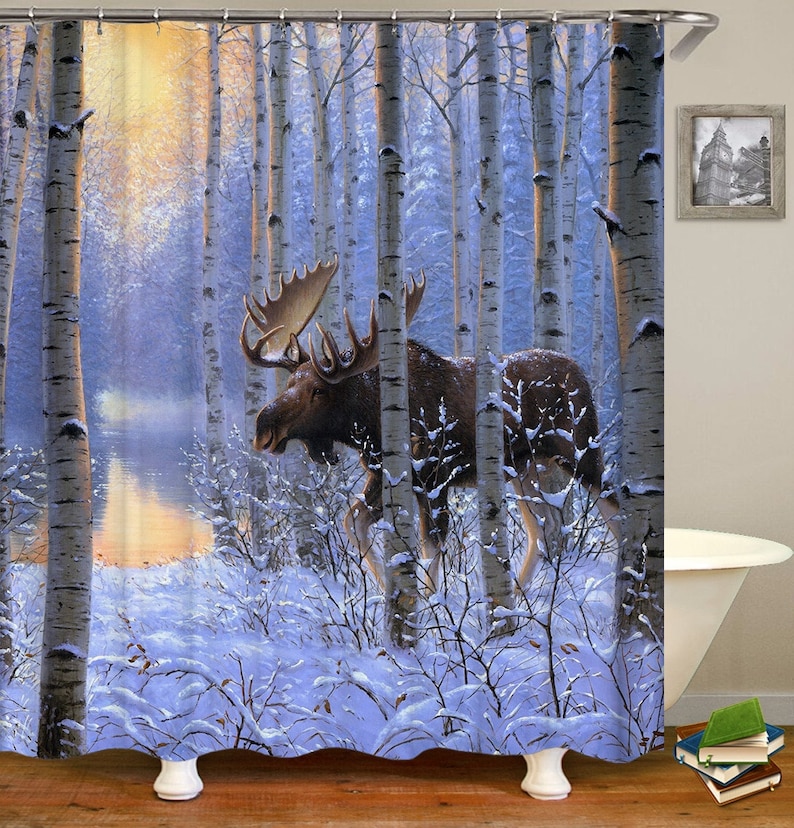 Moose Shower Curtain Deer Elk Moose Waterproof Fabric Bath Etsy