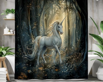 Mystieke eenhoorn douchegordijn - badgordijn donker betoverd bos - waterdichte stof badkamerdecor, fantasie eenhoornkunst