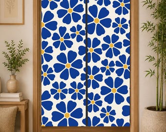 Blue Floral Noren Curtain, Retro Flower Door Curtain, Scandinavian Daisy Room Divider, Mid Century Entryway Curtain, Boho Decor