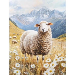 Bergschafe Diamant Malerei Kit 5D Vollbohrer, Pastoral Szene Mit Gänseblümchen und Alpenblick, Bauernhof Tier Geschenk für Naturliebhaber