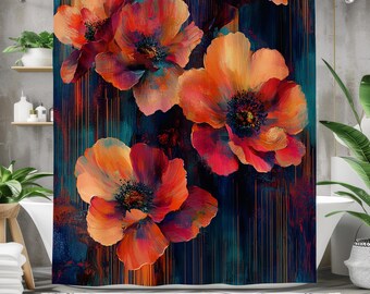 Abstract Floral Shower Curtain, Modern Poppy Flower Bathroom Decor, Moody Botanical Bath Curtain, Contemporary, Boho Bathroom