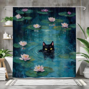 黒猫と蓮のシャワーカーテン、気まぐれな猫のアートバスカーテン、防水生地のバスルーム装飾、芸術的なクロード・モネにインスパイアされた