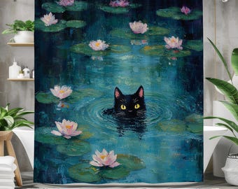 Black Cat and Lotus Shower Curtain, Whimsical Cat Art Bath Curtain, Waterproof Fabric Bathroom Decor, Artistic Claude Monet Inspired