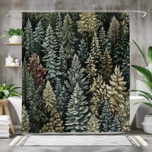 Rideau de douche forêt à feuilles persistantes luxuriante - motif boisé inspiré de la nature, décoration de salle de bain rustique, tissu imperméable, thème forêt verte