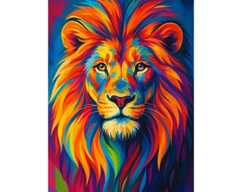 Op de afbeelding: Een levendig schilderij van het gezicht van een leeuw. Het kunstwerk toont een spectrum aan tinten, waaronder oranje, geel, blauw en paars, waardoor een opvallend visueel effect ontstaat. De manen van de leeuw zijn bijzonder gedetailleerd, waarbij elke haarstreng in een andere kleur is weergegeven.