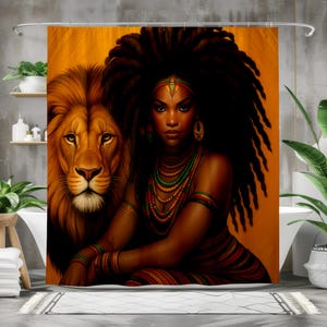 Bold Afrocentric Shower Curtain African Girl and Lion Stylish Bathroom Decor, Unique Gift, Ethnic Home Decor, African Art, Boho Vibes