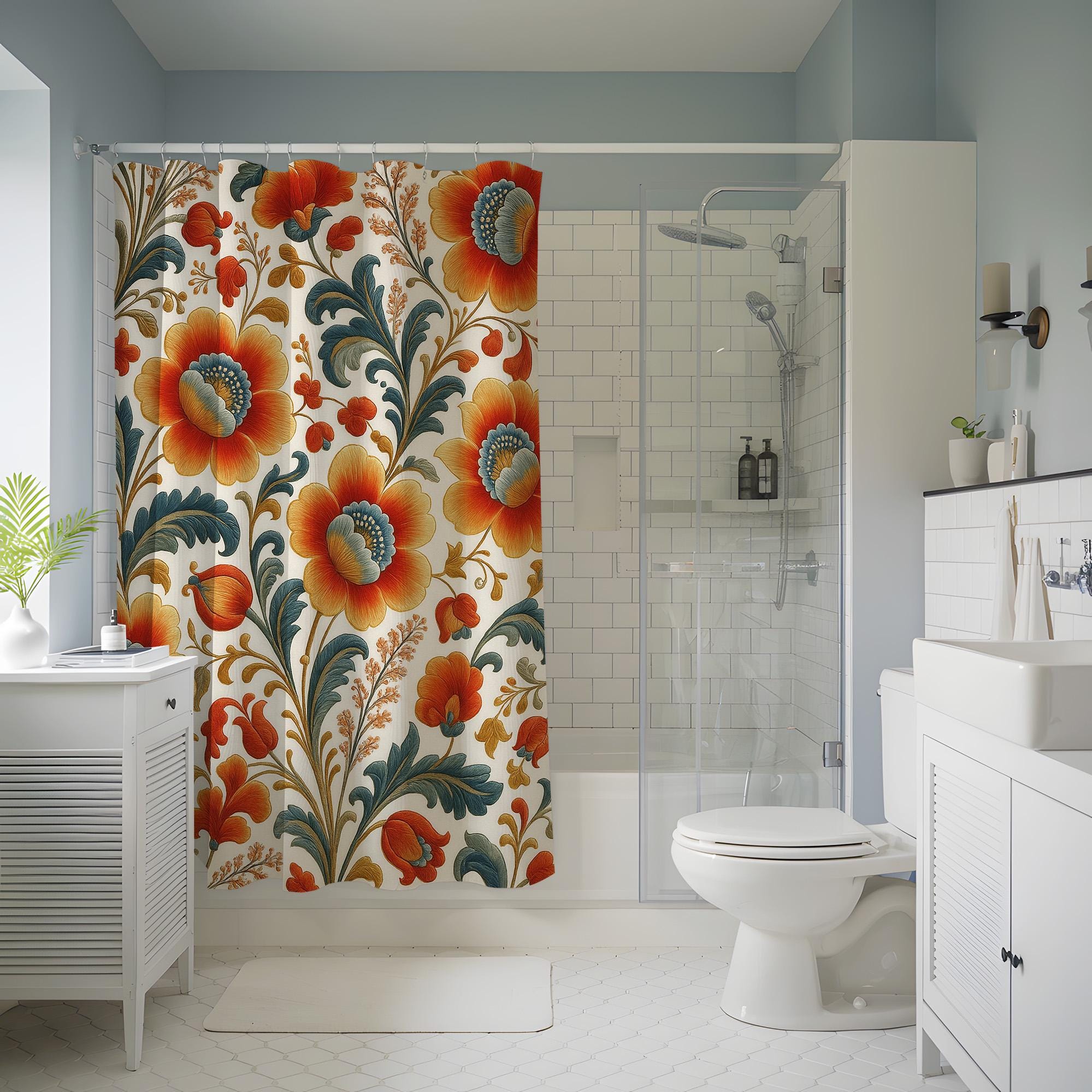 Floral Narrow Stall Shower Curtain Narrow – 90x180 120x180 150x180 Cm ...