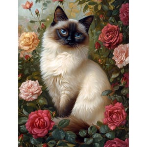 Puede incluir: Pintura de un gato color crema con marcas marrones oscuras y ojos azul brillante, rodeado de rosas rojas, rosas y amarillas. El gato está sentado entre las flores, creando una escena serena y colorida.