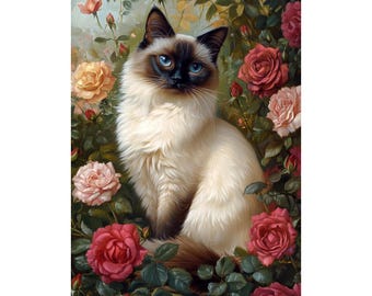 Siamese Cat Diamond Painting Kit 5D Full Drill, Elegant Cat With Roses, DIY Pet Wall Art Gift For Cat Lovers, Floral Diamond Embroidery