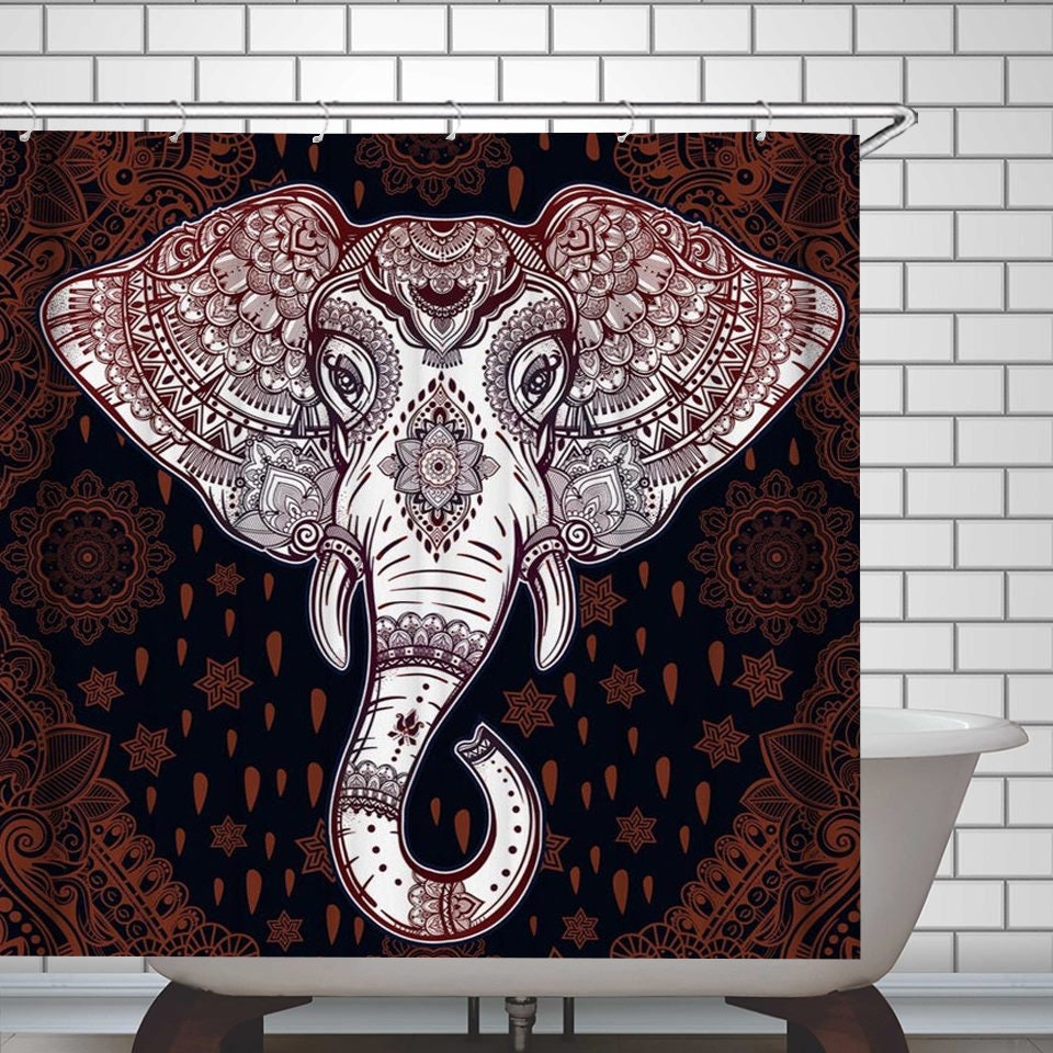 Retro Mandala Elephant Shower Curtain Water-Repellent Fabric Bathroom Curtain 