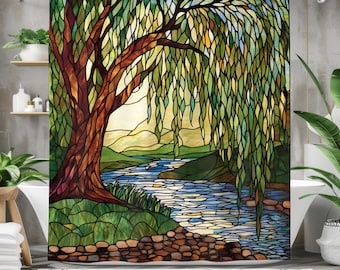 Willow Tree Shower Curtain Waterproof Fabric Bath Curtain, Stained Glass Art Bathroom Decor with River Landscape, Green, Brown, Blue