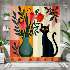 Chic Cat Floral Shower Curtain, Modern Bathroom Decor, Cat Lover Gift, Colorful Home Accents, Folk Art Unique Shower Decor