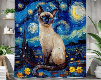Siamese kat douchegordijn - Waterdicht stoffen badgordijn voor badkamerdecor - Sterrennacht blauw geel ontwerp