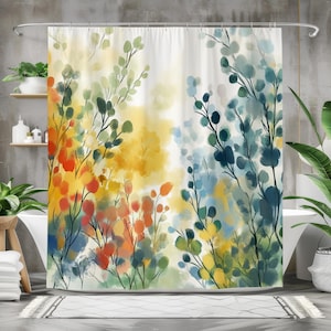 Aquarell botanische Duschvorhang, Wildblumen Blumen Badezimmer Dekor, Cottagecore Bad Ästhetik, wasserdichter Stoffvorhang
