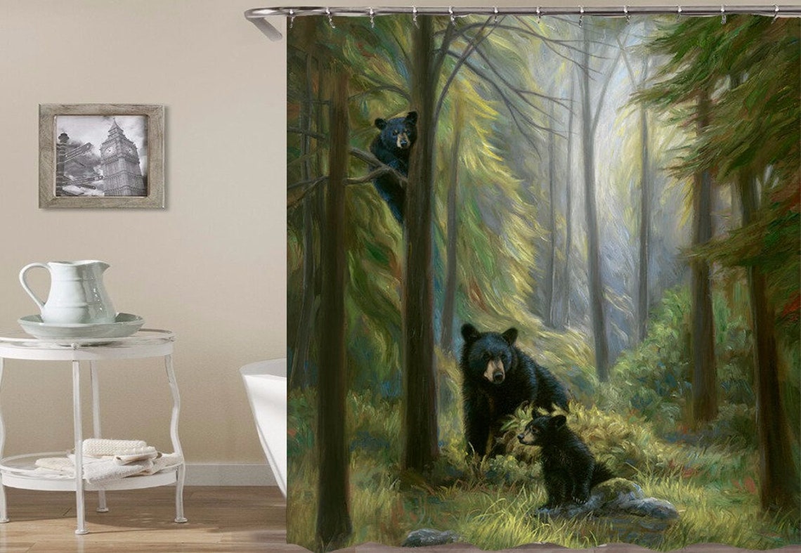 Black Bear Shower Curtain Waterproof Polyester Fabric Bathroom Etsy