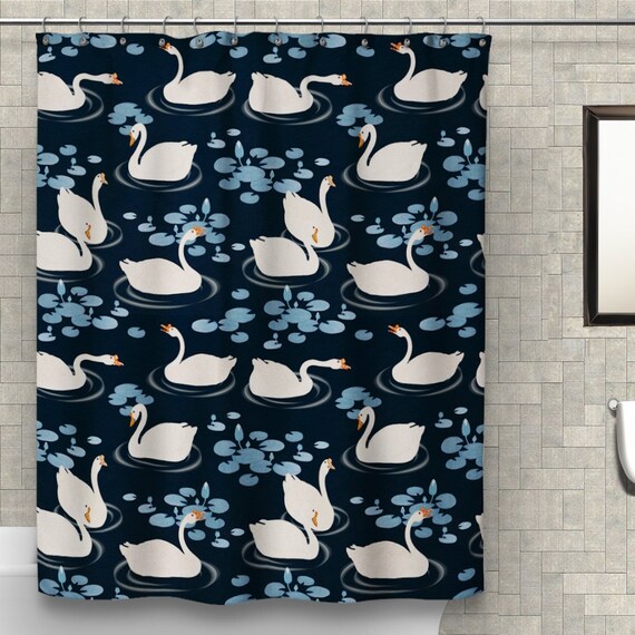 Elegant Swan Lake Shower Curtain Waterproof Fabric Bathroom Decor Serene Bath Design Dark Blue Bath Curtains Etsy Ireland