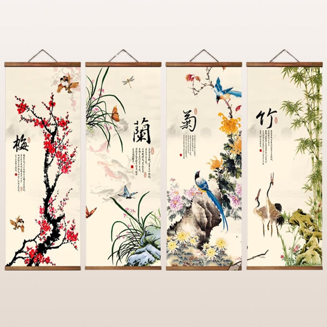Wall Scroll Painting Plum Blossoms, Bamboo, Birds, Cranes, Asian Wall