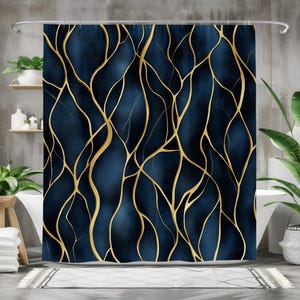 Luxe marineblauw en goud douchegordijn, abstract badgordijn, waterdichte stof badkamer decor, modern donkerblauw douchegordijn