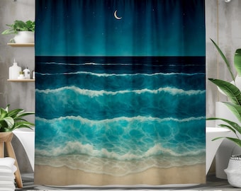 May include: A teal and blue shower curtain depicting a nighttime ocean scene. The design features waves, a sandy beach, a crescent moon, and a starry sky. The curtain is hanging in a bathroom setting.