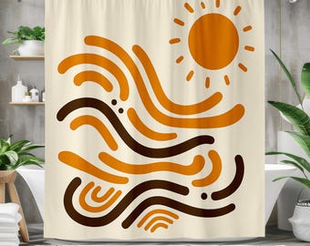 Abstract Sun and Waves Shower Curtain – Retro Boho Mid Century Modern Bathroom Decor Waterproof Fabric Bath Curtains