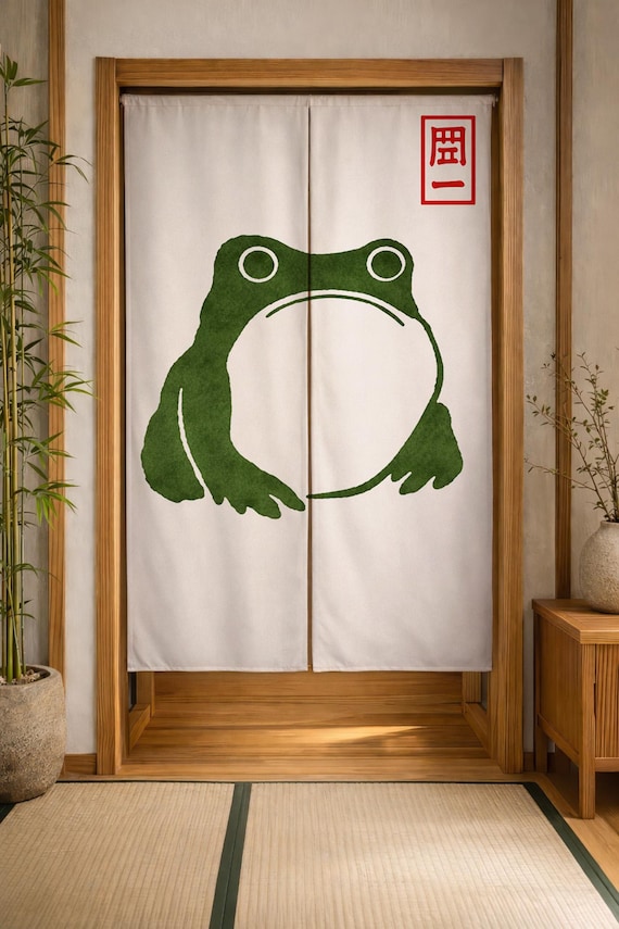 Japanese Frog Noren Curtain, Minimalist Frog Door Curtain, Sumi-e Style Animal Curtain, Cute Zen Decor, Japandi Room Divider