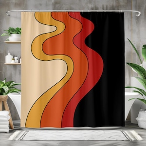 May include: A retro-style shower curtain featuring a wavy design in shades of beige, orange, and red, outlined in black, against a black background. The curtain is hanging in a bathroom setting.