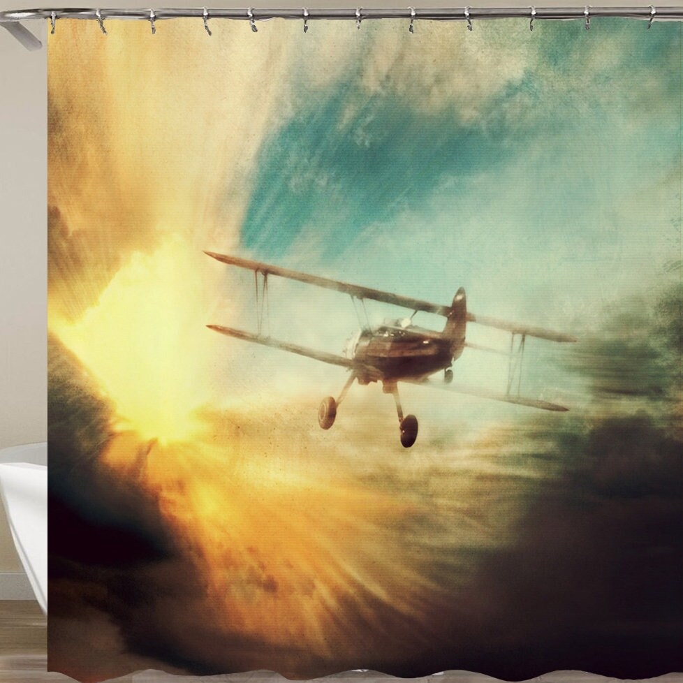 Vintage Airplane Shower Curtain Biplanes Set Print for Bathroom Vintage Airplane Shower Curtain Biplanes Set Print for Bathroom