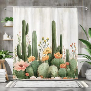 Cactus Floral Shower Curtain, Waterproof Fabric Bath Curtain, Desert Succulent Bathroom Decor, Boho Nature-Inspired Bathroom Art