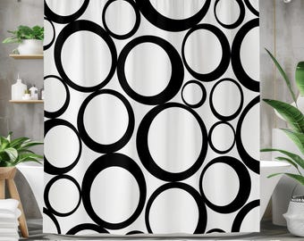 Cortina de ducha circular en blanco y negro. Diseño gráfico moderno y llamativo. Decoración abstracta para baño. Tejido de poliéster resistente e impermeable.