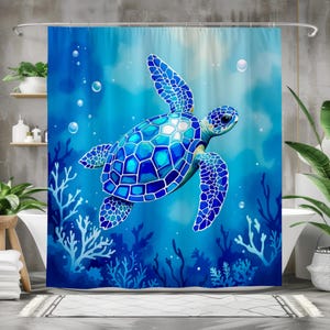 Blue Sea Turtle Shower Curtain Ocean Bathroom Decor, Coastal Marine Life Bath Curtain, Nautical Sea Turtle Gift For Her Or Beach House