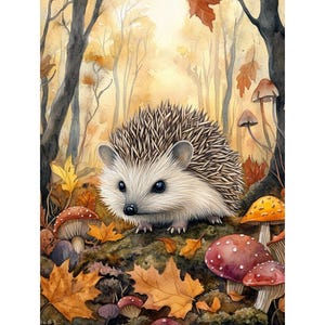 May include: Watercolor painting of a hedgehog in an autumn forest scene. The hedgehog has a light-colored face and a body covered in brown and tan quills. Red and orange mushrooms and fallen leaves surround the hedgehog.