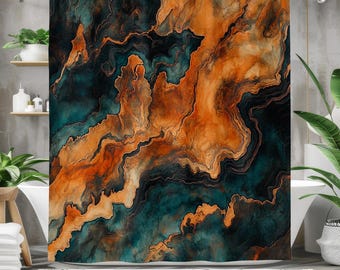 Cortina de ducha rústica con arte abstracto / Cortina de baño de tela impermeable para decoración de baño moderna / Textura de mármol en naranja, verde azulado, negro y marrón.