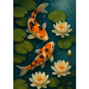 May include: An artistic depiction of two koi fish swimming in a pond. The fish are orange and black, with white fins. The pond has lily pads and white lotus flowers. The water is a deep teal color, with bubbles.