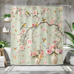 Birds Flowers Tree Branches Shower Curtain Bath Decor Floral Bathroom Curtains