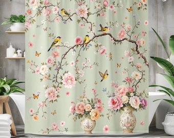Birds Flowers Tree Branches Shower Curtain Bath Decor Floral Bathroom Curtains