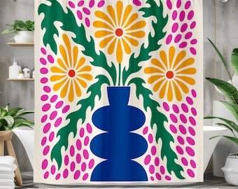 Kolorowa skandynawska zasłona prysznicowa z kwiatowym wzorem, wystrój łazienki inspirowany stylem Matisse'a, zasłona do łazienki w stylu mid-century modern z motywem kwiatowym, wystrój dopaminowy