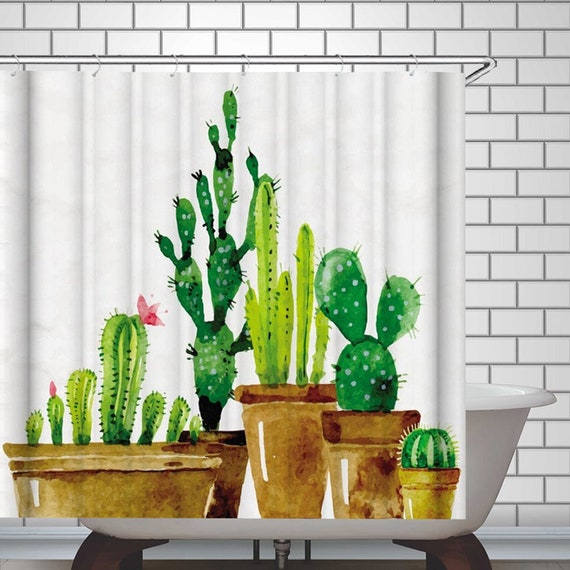 Watercolor desert Cacti Bathroom Shower Curtain 12 Hooks Polyester Waterproof