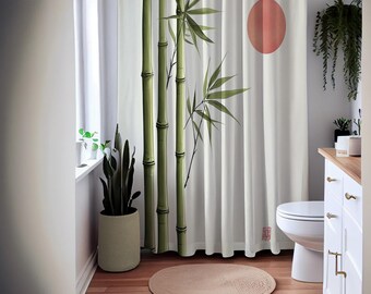 Cortina de ducha de bambú zen: cortina de baño de tela impermeable, diseño minimalista de bambú y sol, decoración de baño de inspiración japonesa