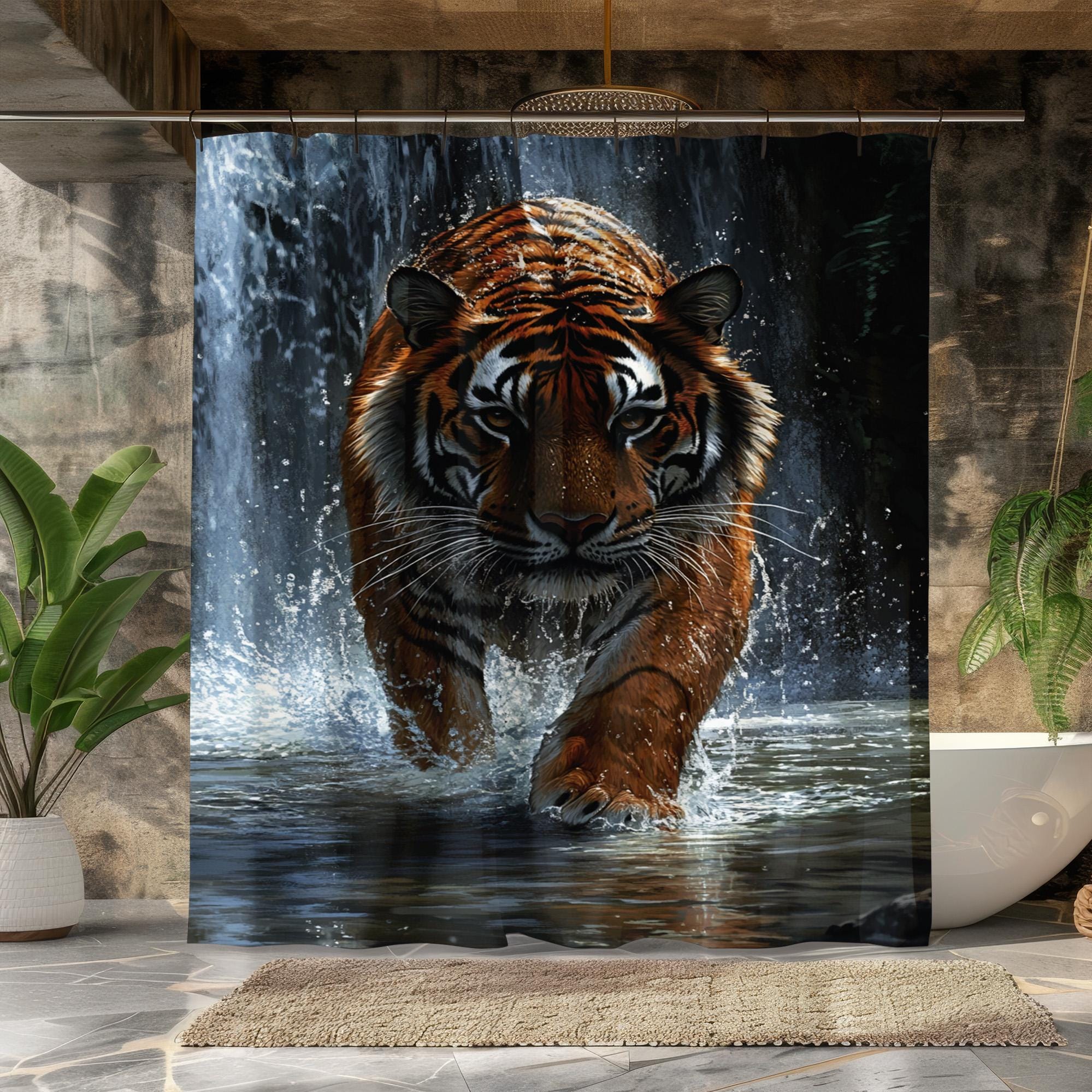 タイガーシャワーカーテン、防水生地バスカーテン、野生動物のバス