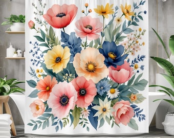 Colorful Floral Shower Curtain with Wildflower Bouquet Design, Waterproof Fabric Bathroom Curtain, Vibrant Botanical Print in Multiple Sizes
