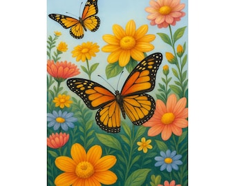 Butterfly Diamond Painting Kit, 5D Full Drill Mosaic Embroidery, Monarch Butterflies with Colorful Wildflowers DIY Rhinestone Art