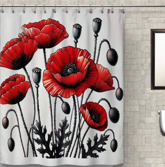 Tenda da doccia floreale, decorazione floreale ad acquerello, colore rosso e nero, tenda da doccia moderna artistica primaverile in tessuto impermeabile per bagno con ganci, 183 x 183 cm