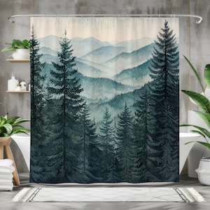 Misty Mountain Forest Shower Curtain, Waterproof Fabric Bath Curtain, Rustic Woodland Bathroom Decor, Nature Cabin Style, Scenic Tree Art