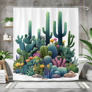 Cactus Shower Curtain, Waterproof Fabric Bath Curtain, Desert Plant Bathroom Decor, Succulent Floral Design, Boho Bathroom Art