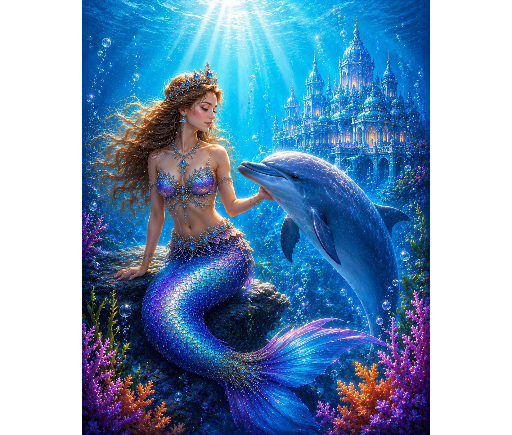 Mermaid Diamond Painting Kit, Dolphin Fantasy Wall Art, Underwater Princess 5D DIY Diamond Art, Ocean Castle Decor