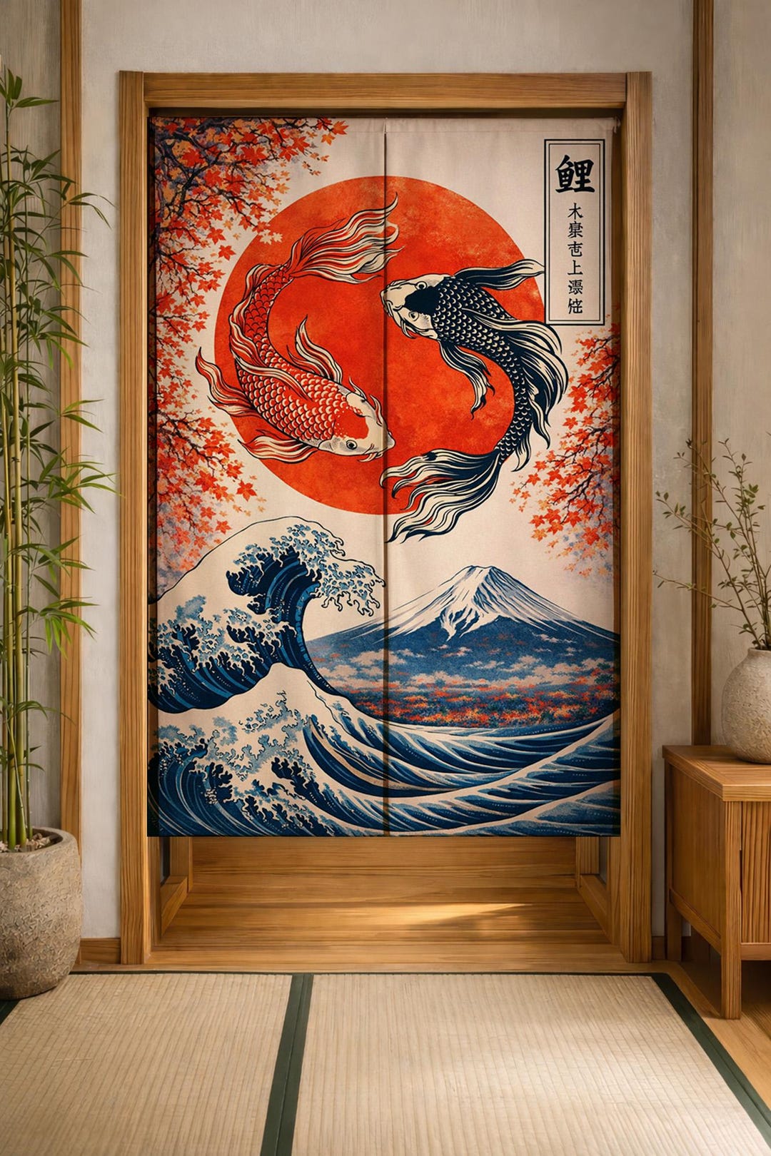 Japanese Koi Fish Noren Curtain, Great Wave Door Curtain, Mount