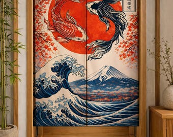 Japanese Koi Fish Noren Curtain, Great Wave Door Curtain, Mount