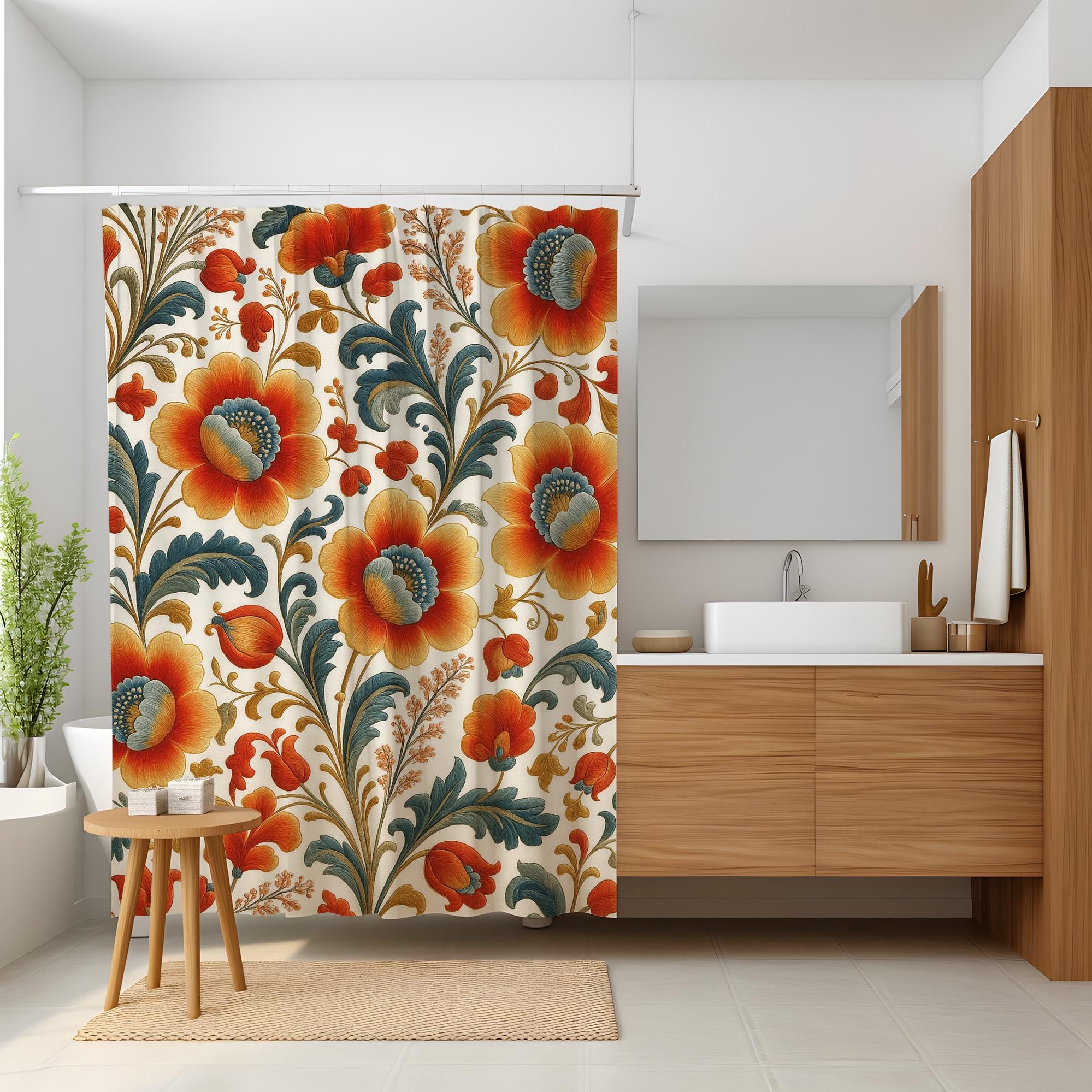 Floral Narrow Stall Shower Curtain Narrow – 90x180 120x180 150x180 Cm ...
